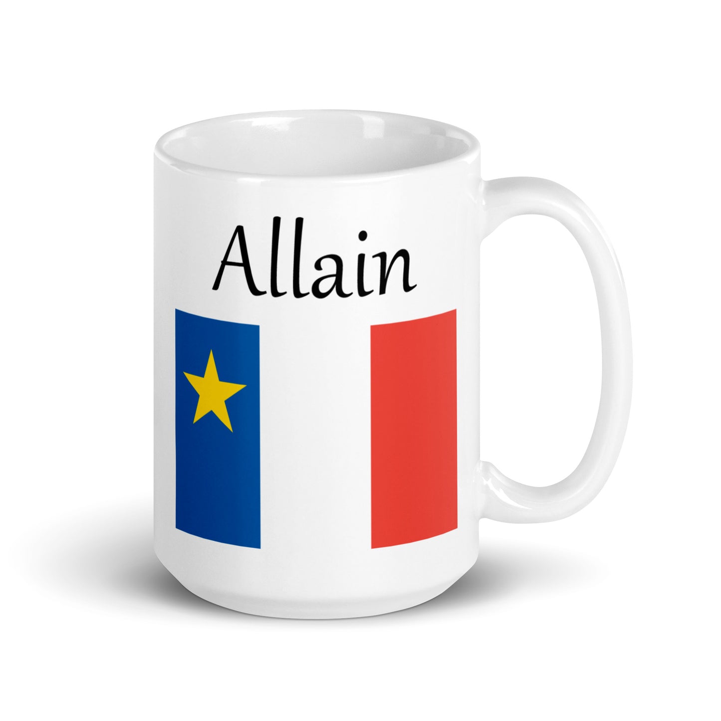 Large 15oz Mug with Acadian Flag and Last Name (A-K)